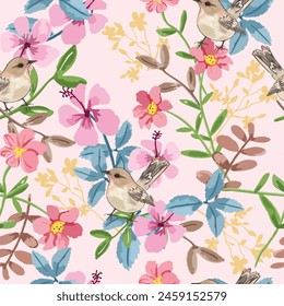 Red pink flower with leaf and brown bird seamless pattern 
