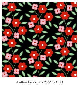 red and pink flower pattern on black background