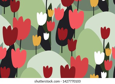 red pink flower vector stylized modern seamless floral pattern