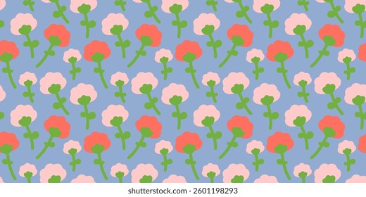 Red and pink flowers on blue background. Summer vibes floral seamless pattern. 