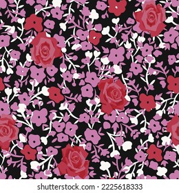 Red and pink flowers, seamless pattern. 