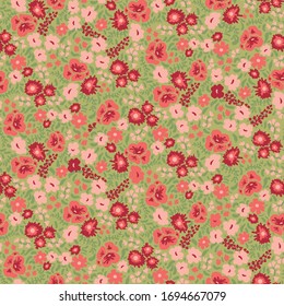 Red and pink flowers seamless vector pattern on green. Decorative feminine surface print design. For fabrics, cards, wrapping paper, scrapbooking and packaging.