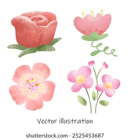 red and pink flowers set hand paint , bouquet of flowers	
