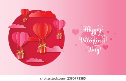 Globos voladores rojos y rosados con cajas de regalo adjuntas con cinta dorada. Ilustración vectorial. Decoración de corte de papel para el día de San Valentín.