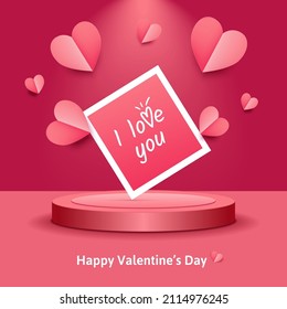 Red, pink flying hearts isolated on 3d realistic background. Paper cut decorations for Valentine's day vector border, frame, photo design. Text: I love you! Happy St. Valentines day. Anniversary card.