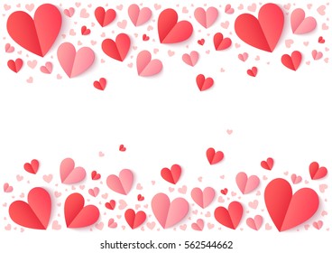 Red and pink folded paper hearts isolated on white, Valentines Day vector background