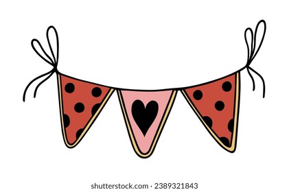 Red and pink garland with heart, vector icon. Cute triangular polka dot flags hanging on a rope. Bright holiday decoration for Valentine's day, love party, date, wedding. Hand drawn romantic doodle