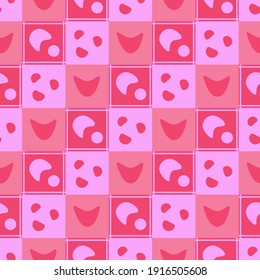 Red and pink geometric ornament with abstract elements, lines, stripes, frames and pink ribbon. Vector checkered illustration. Background for greeting card, banner, for printing on fabric, packaging