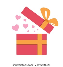 red pink gift box icon with yellow ribbon, opened gift box bring out heart symbol from within, flat design