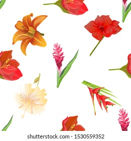Red and Pink Ginger. Red Amaryllis. Orange Daylily. Yellow hibiscus. Red Heliconia Bihai. Vector illustration. Seamless background pattern. Floral botanical flower. Wild leaf wildflower isolated.