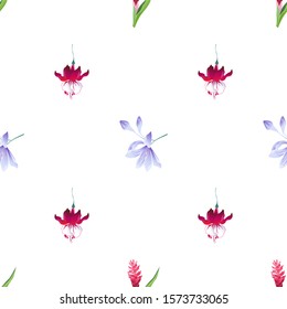 Red and Pink Ginger. Red Fuchsia. Violet Agapanthus Lily. Vector illustration. Seamless background pattern. Floral botanical flower. Wild leaf wildflower isolated. Exotic tropical hawaiian jungle.