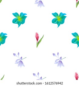 Red and Pink Ginger. Green Plumeria. Violet Agapanthus Lily. Vector illustration. Seamless background pattern. Floral botanical flower. Wild leaf wildflower isolated. Exotic tropical hawaiian.