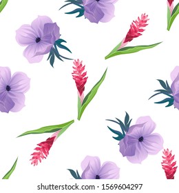 Red and Pink Ginger. Violet Anemone. Vector illustration. Seamless background pattern. Floral botanical flower. Wild leaf wildflower isolated. Exotic tropical hawaiian jungle. Fabric wallpaper print.