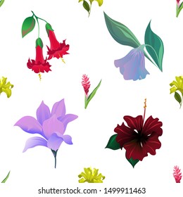 Red and Pink Ginger. Yellow Lilium. Red Angel Trumpet. Purple Bllflower. Purple Magnolia. Red Rose Mallow. Vector illustration. Seamless background pattern. Floral botanical flower. Wild leaf.