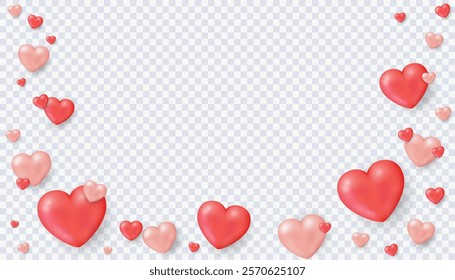 Red and pink glossy hearts floating on transparent background with copyspace for Valentine's day concept, Vector illustration.