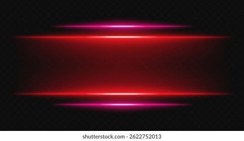 Red and pink glowing horizontal beams on transparent background. Bright layered lights perfect for digital HUD, sci-fi UI borders, and visual accents.
