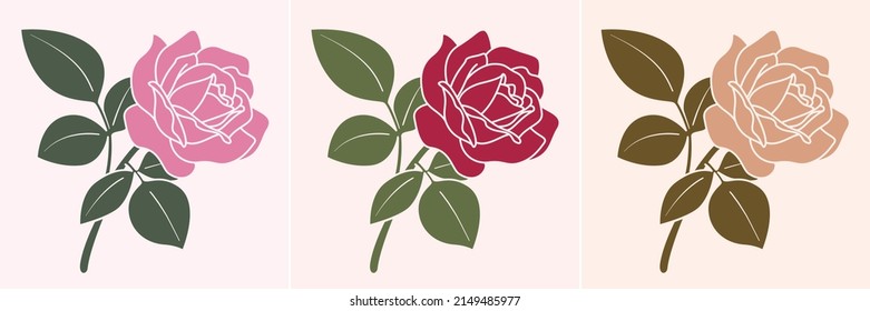 Red, Pink And Gold Rose Flower Linocut Style Vector Illustration