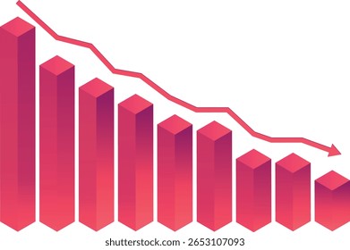 Red and pink gradient Bar graph isometric view. Modern business charts, data graphics, statistics diagram. Analysis growth progress. Vector illustration for visualization. Transparent background