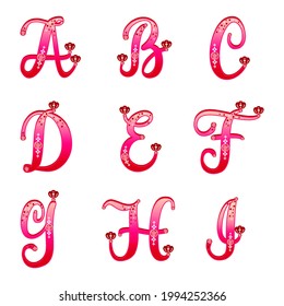 Red and pink gradient floral alphabets.  ABC letters with gemstones and rose petal patterns. Lettering illustration. Logo initials. Vector for storybooks infographics greeting cards and web.