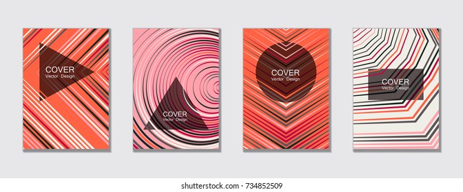 Red, pink, gray and white cover templates for poster, brochure. Geometric shape, halftone lines pattern. Trendy vector brochure templates set, minimal line geometric backgrounds, educational covers.