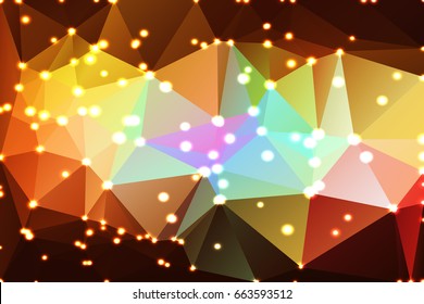 Red pink green blue brown abstract low poly geometric background with defocused lights