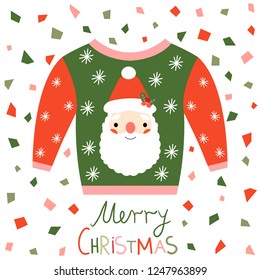 Red, pink and green vector ugly Christmas sweater with Santa Claus greeting card with abstract confetti background