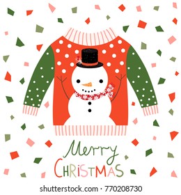 Red, pink and green vector ugly Christmas sweater with snowman greeting card with abstract confetti background