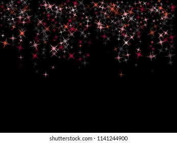 Red pink grey vector star background sparkle pattern. Trendy colored confetti of flying stars, magic geometric sparkles stardust vector background on black. Graphic party design.