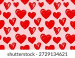 Red and pink hand drawn grunge hearts seamless pattern. Heart doodle vector illustrations set. Design elements and minimalist background for Valentines day