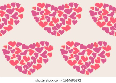 Red and pink hand drawn hearts pattern. Valentines Day seamless vector background.