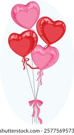 Red and Pink Heart Balloon Bundle Tied Up with Pink Ribbon. Valentine's Festive Decor Illustration.