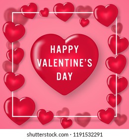 Red pink Heart Balloons on white square frame background for card design as Love and Happy Valentine's Day concept. Vector illustration.