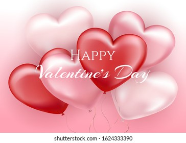 Red and pink heart balloons on a pink background. Valentine's day greeting card.