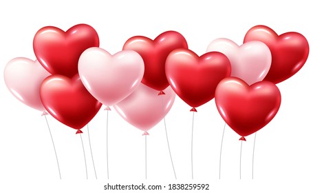 Red and pink heart balloons on a white background