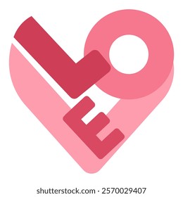 red and pink heart graphic featuring the word "love" in modern typography, Minimal design in cute vector style for Valentine's Day, romance and affection concepts, isolated icon on white background