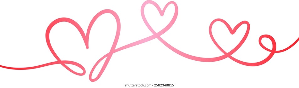 Red pink heart line art swirl vector flourish valentine border design, isolated