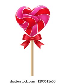 Red and pink heart lollipop with red bow on a white background, tasty candy, lovers, a treat for children. Valentines day. Food, dessert, sugar. 3D effect. Vector illustration. EPS10