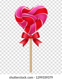 Red and pink heart lollipop with red bow on a transparent background, tasty candy, lovers, a treat for children. Valentines day. Food, dessert, sugar. 3D effect. Vector illustration. EPS10