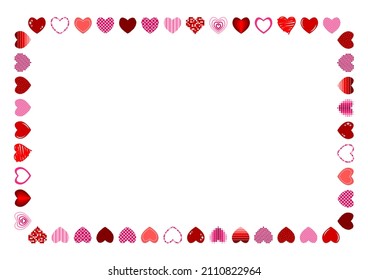 Red or pink heart pattern. Frame design. Blank space on white background.