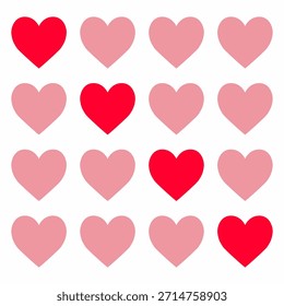 Rot-rosa Herzmuster. Alles Gute zum Valentinstag. Niedliche Liebe Zeichen Symbol. Einfache Form. Grußkarte, Aufkleber, Einladungsvorlage. Nettes Grafikobjekt. Flaches Design. Einzeln. Weißer Hintergrund. Vektorgrafik