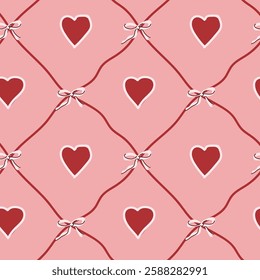 Red and pink heart pattern with ribbons on diagonal grid.