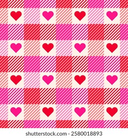 Red and pink heart with plaid pattern design for Valentine's Day background.