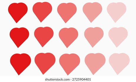 Red and pink heart shapes pattern in gradient rows on white background
