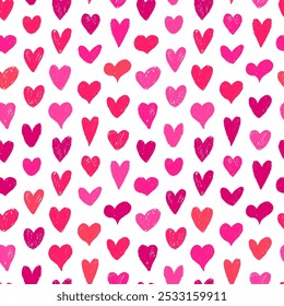 Red and pink heart shapes seamless pattern. Crayon drawn colorful hearts seamless pattern for wrapping paper. Vector cute illustration for Valentine's day. Kid's style drawing ornament.