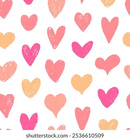 Red and pink heart shapes seamless pattern. Crayon drawn colorful hearts seamless pattern for wrapping paper. Vector cute illustration for Valentine's day. Kid's style drawing ornament.