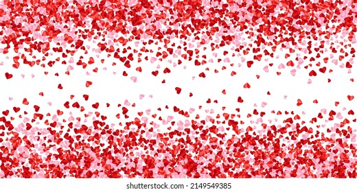 Red and pink hearts border frame for text. Wedding invitation card vector template. Pink red hearts wedding decor scatter on white background.