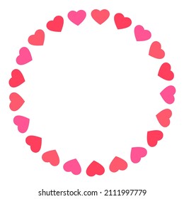 Red and pink hearts circle border. Hearts round frame with empty copy space. St. Valentine's Day sign. Vector isolated on white background.