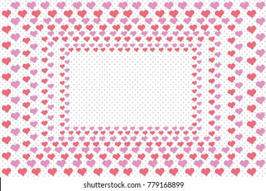 Red and pink hearts concentric rectangular frame on a polka dot background