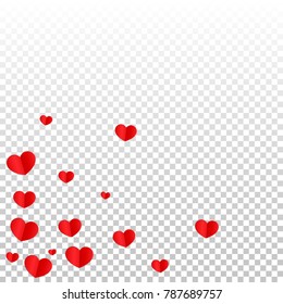 Red Pink Hearts Confetti Falling Background. St. Valentine Day Pattern. Romantic Scattered Hearts Texture. Love. Sweet Moment. Gift. Wedding. Anniversary, Birthday. Vector Illustratuion. Transparent.