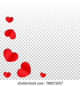 Red Pink Hearts Confetti Falling  Background. St. Valentine's Day Pattern. Romantic Scattered Hearts Cute Texture. Love. Sweet Moment. Gift. Wedding. Anniversary, Birthday. Vector Illustratuion.